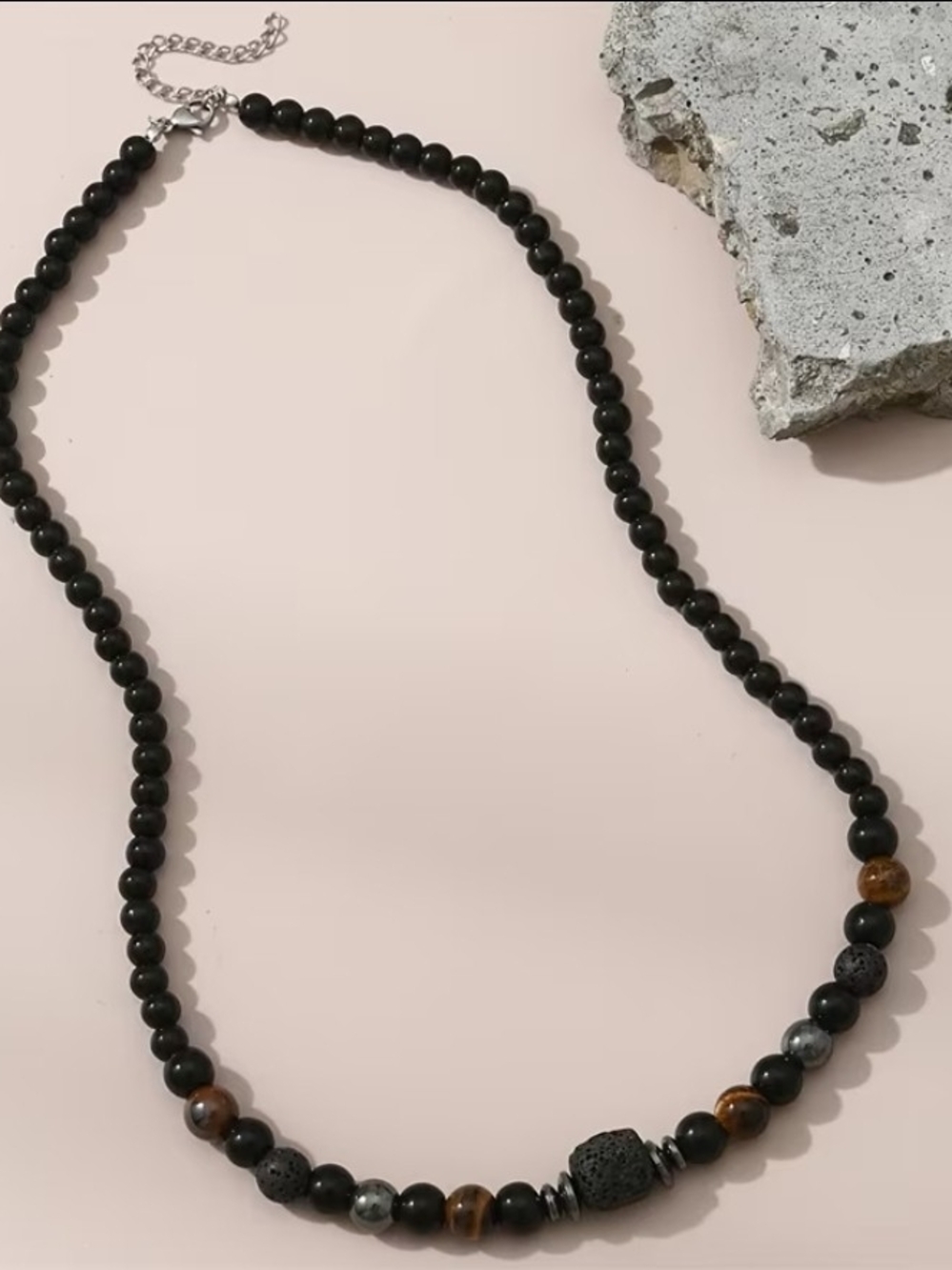 Handcrafted Black Bead Necklace with Brown Accents